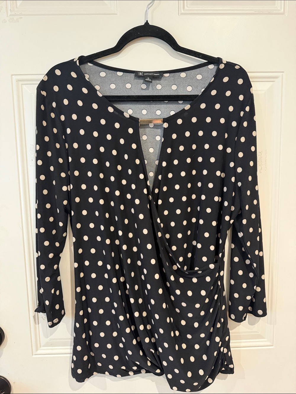 INC International Concepts Black Dress with Cream Polka Dots, Long Sleeve